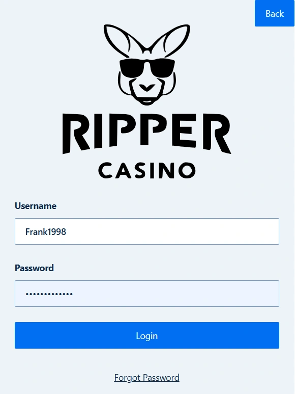 Ripper Casino login screen with SSL security